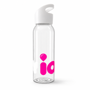 FitlyIQ 650ml clear water bottle with white carry lid and pink IQ logo on a white background.